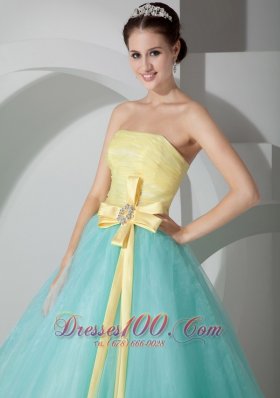 Aqua Blue and Yellow Sash and Ruch Organza Quince Dresses