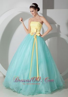 Aqua Blue and Yellow Sash and Ruch Organza Quince Dresses