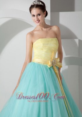 Aqua Blue and Yellow Sash and Ruch Organza Quince Dresses