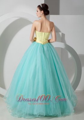 Aqua Blue and Yellow Sash and Ruch Organza Quince Dresses