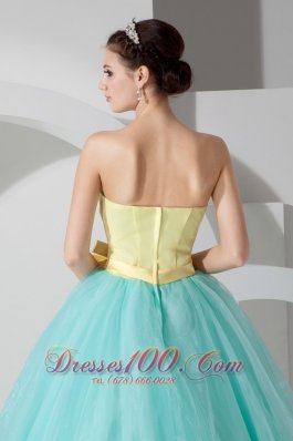 Aqua Blue and Yellow Sash and Ruch Organza Quince Dresses