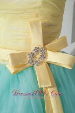 Aqua Blue and Yellow Sash and Ruch Organza Quince Dresses