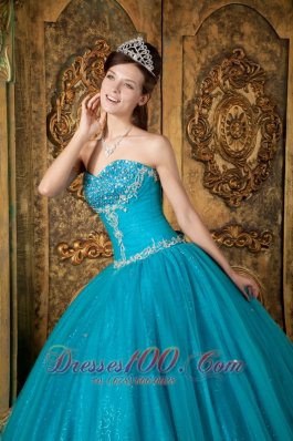 Teal A Line Tulle Beading Quinceanera Gown