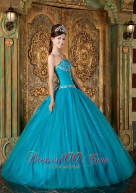 Teal A Line Tulle Beading Quinceanera Gown