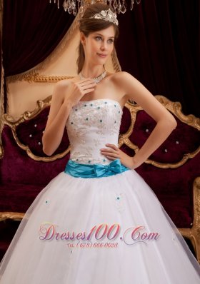 2013 White Satin Sash Beading Quinceanera Gown