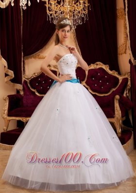 2013 White Satin Sash Beading Quinceanera Gown