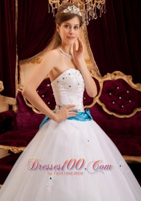 2013 White Satin Sash Beading Quinceanera Gown