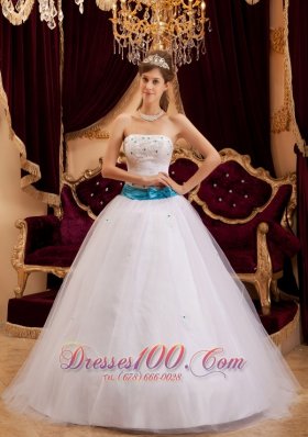 2013 White Satin Sash Beading Quinceanera Gown