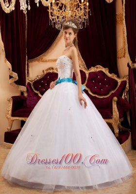 2013 White Satin Sash Beading Quinceanera Gown