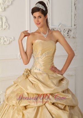 Cheap Champagne Flowers Taffeta Pick-Ups Quinceanera Dress