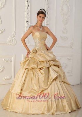 Cheap Champagne Flowers Taffeta Pick-Ups Quinceanera Dress