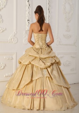 Cheap Champagne Flowers Taffeta Pick-Ups Quinceanera Dress