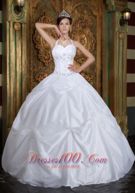 2013 Cheap White Halter Beading Taffeta Quinceanera Dress