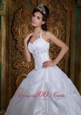 2013 Cheap White Halter Beading Taffeta Quinceanera Dress