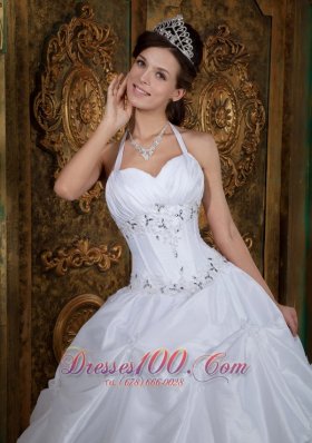 2013 Cheap White Halter Beading Taffeta Quinceanera Dress