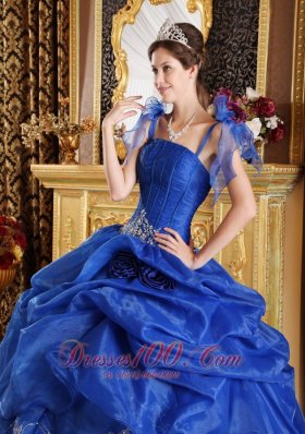 Spaghetti Straps Blue Flowers Organza Sweet 16 Dress