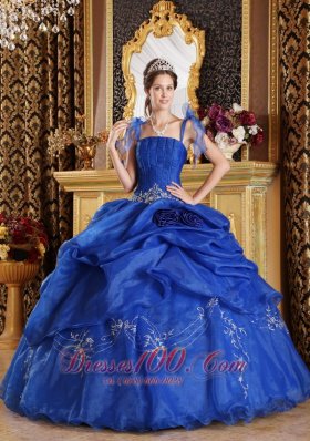 Spaghetti Straps Blue Flowers Organza Sweet 16 Dress