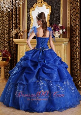 Spaghetti Straps Blue Flowers Organza Sweet 16 Dress