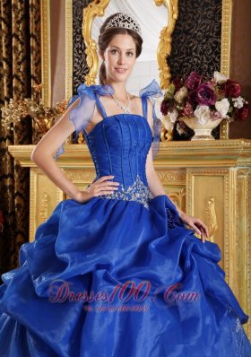 Spaghetti Straps Blue Flowers Organza Sweet 16 Dress