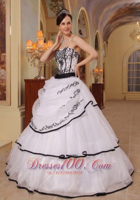 New White Organza Black Embroidery Sweet 16 Dress