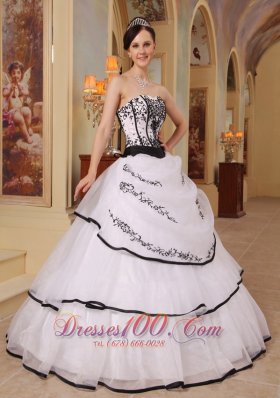 New White Organza Black Embroidery Sweet 16 Dress