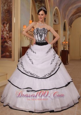 New White Organza Black Embroidery Sweet 16 Dress