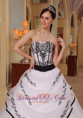 New White Organza Black Embroidery Sweet 16 Dress