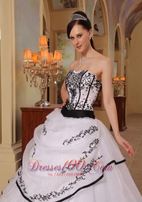 New White Organza Black Embroidery Sweet 16 Dress