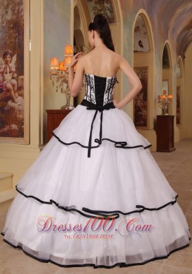 New White Organza Black Embroidery Sweet 16 Dress