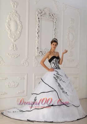 White Quinceanera Dress Black Embroidery Beading