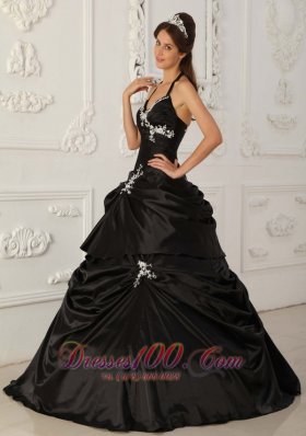 Pretty Black Halter Pick-ups Taffeta Sweet 16 Dress