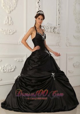 Pretty Black Halter Pick-ups Taffeta Sweet 16 Dress