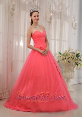 Watermelon Red Beading Quinceanera Dress Flower Tulle