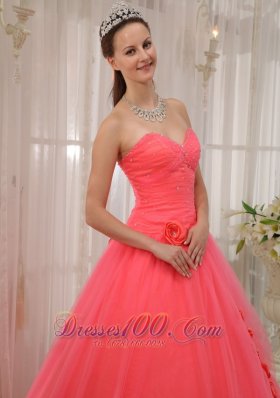 Watermelon Red Beading Quinceanera Dress Flower Tulle