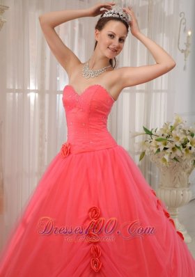 Watermelon Red Beading Quinceanera Dress Flower Tulle