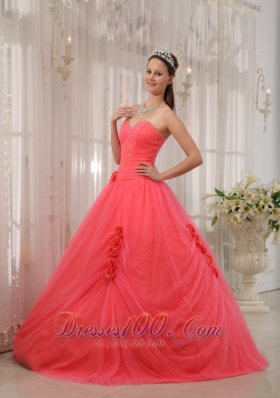 Watermelon Red Beading Quinceanera Dress Flower Tulle