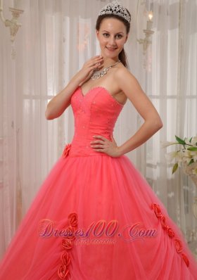 Watermelon Red Beading Quinceanera Dress Flower Tulle