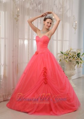 Watermelon Red Beading Quinceanera Dress Flower Tulle