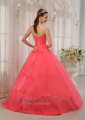 Watermelon Red Beading Quinceanera Dress Flower Tulle