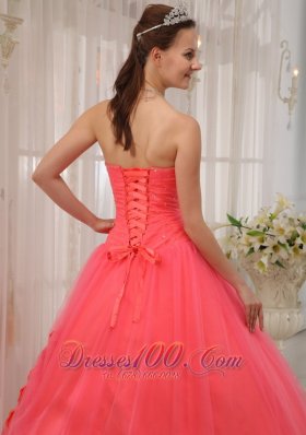 Watermelon Red Beading Quinceanera Dress Flower Tulle