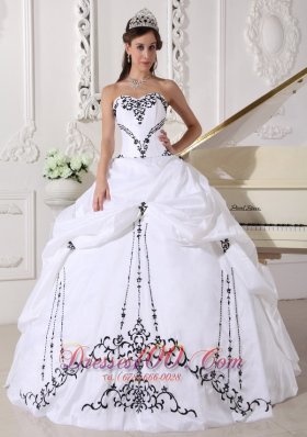 White Taffeta Black Embroidery Beading Sweet 16 Dress