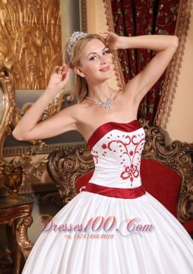 White and Red Embroidery Sash Sweet 15 Dress