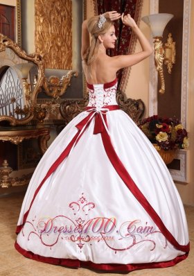 White and Red Embroidery Sash Sweet 15 Dress