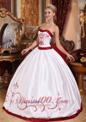 White and Red Embroidery Sash Sweet 15 Dress