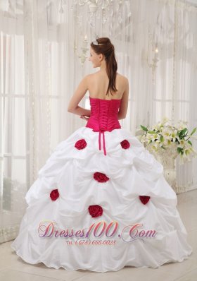 Hot Pink and White Hand Made Flower Quinceanera Dress