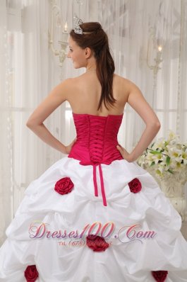 Hot Pink and White Hand Made Flower Quinceanera Dress