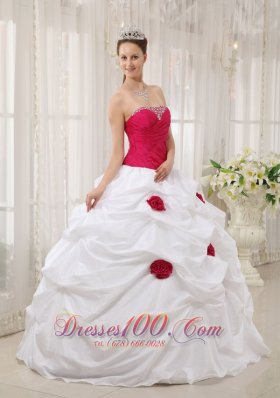 Hot Pink and White Hand Made Flower Quinceanera Dress