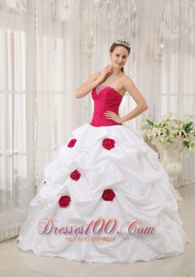 Hot Pink and White Hand Made Flower Quinceanera Dress