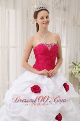 Hot Pink and White Hand Made Flower Quinceanera Dress