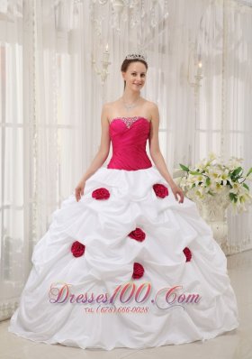 Hot Pink and White Hand Made Flower Quinceanera Dress